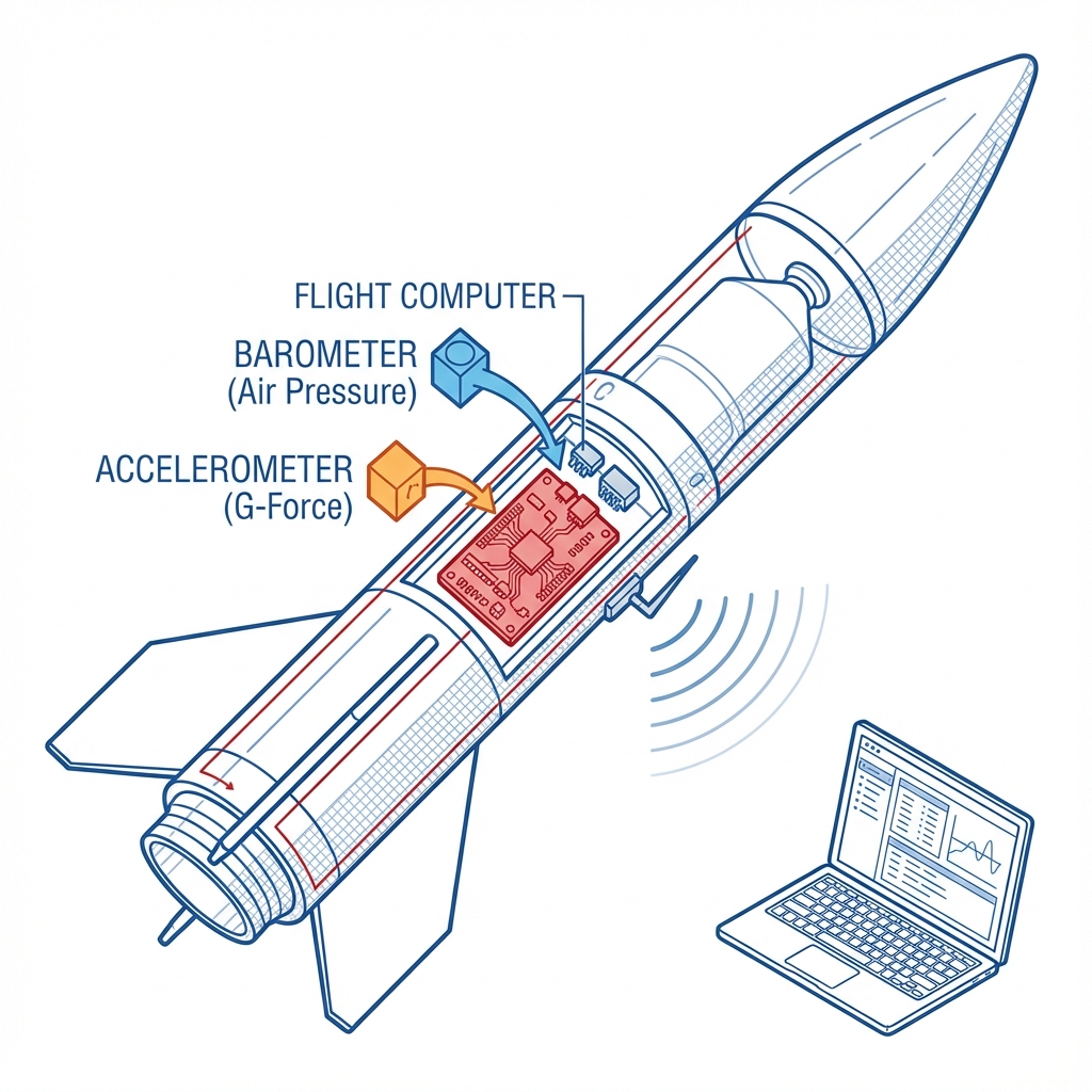 Schematische Darstellung einer Rakete mit Sensoren